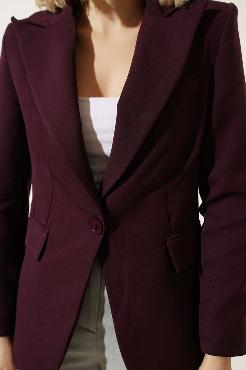 Single-Button Blazer with Leopard Lining - Plum