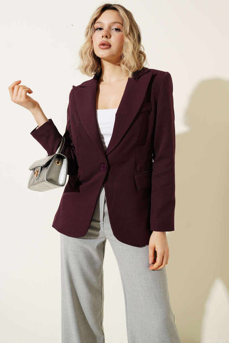 Single-Button Blazer with Leopard Lining - Plum