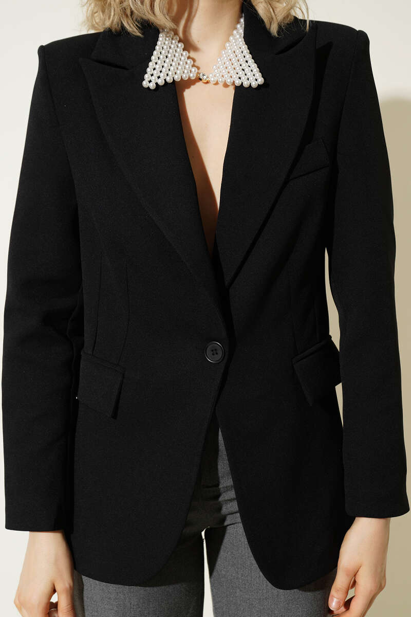 Single-Button Blazer with Leopard Lining - Black