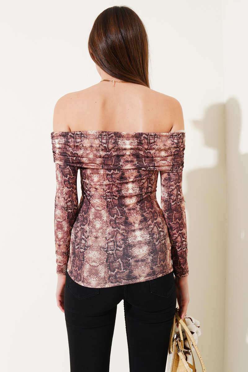 Leopard Print Boat-Neck Blouse - Camel