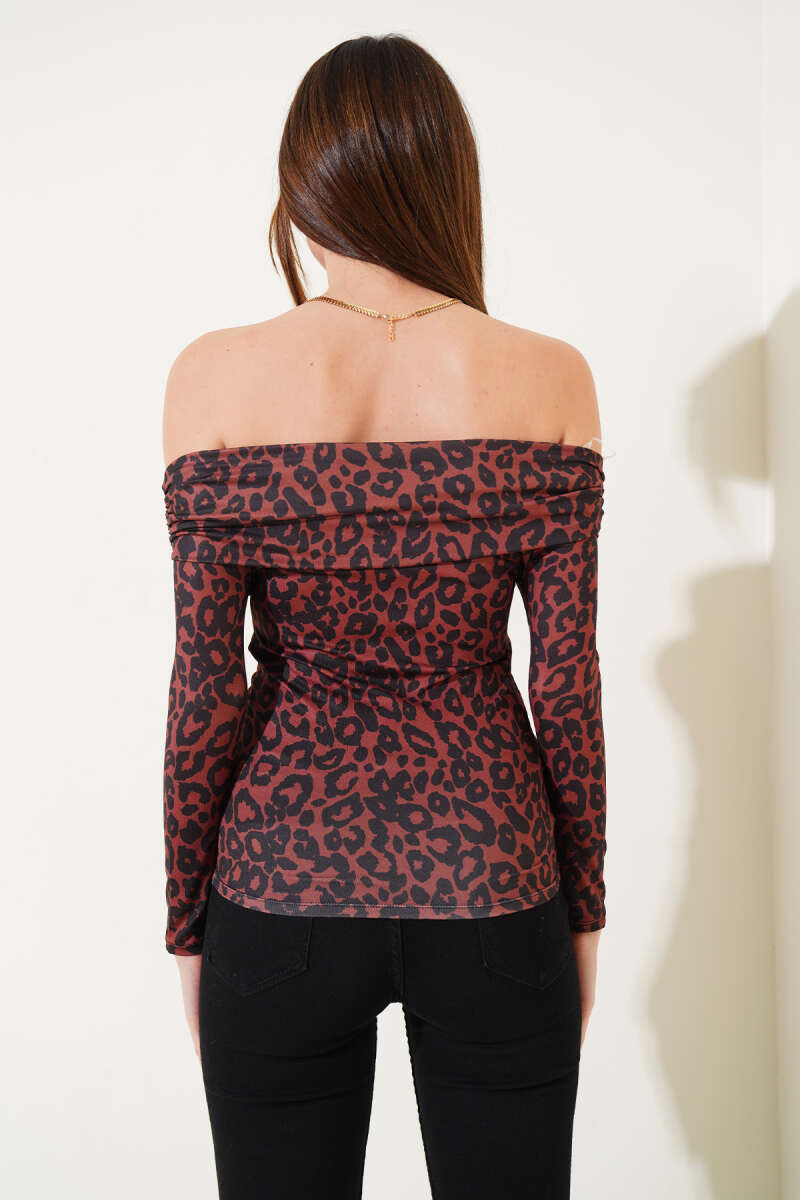 Leopard Print Boat-Neck Blouse - Tan