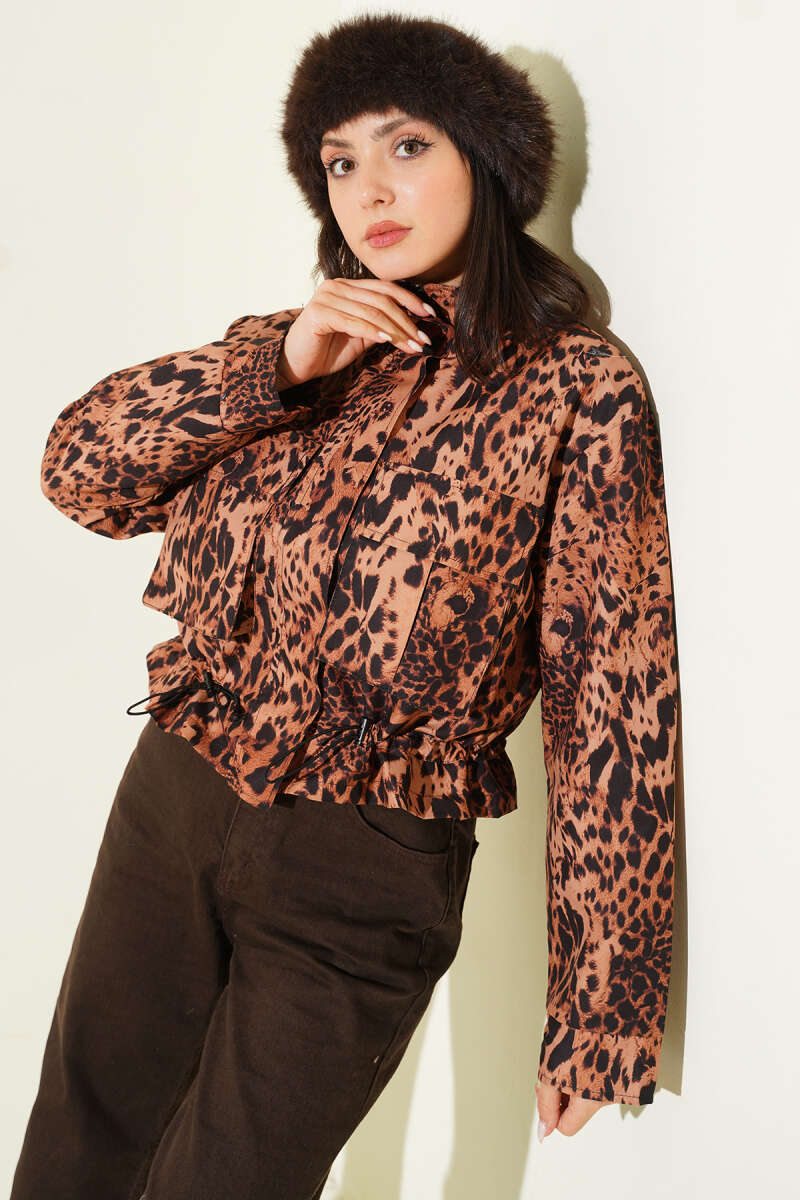 Short Leopard Jacket with Drawstring - Leopard