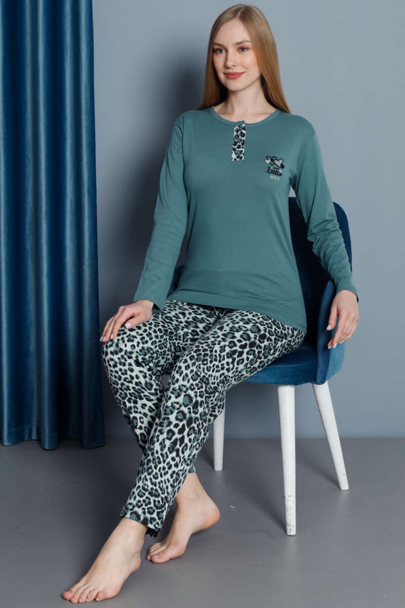Leopard Long-Sleeve Pyjama Set - Almond Green