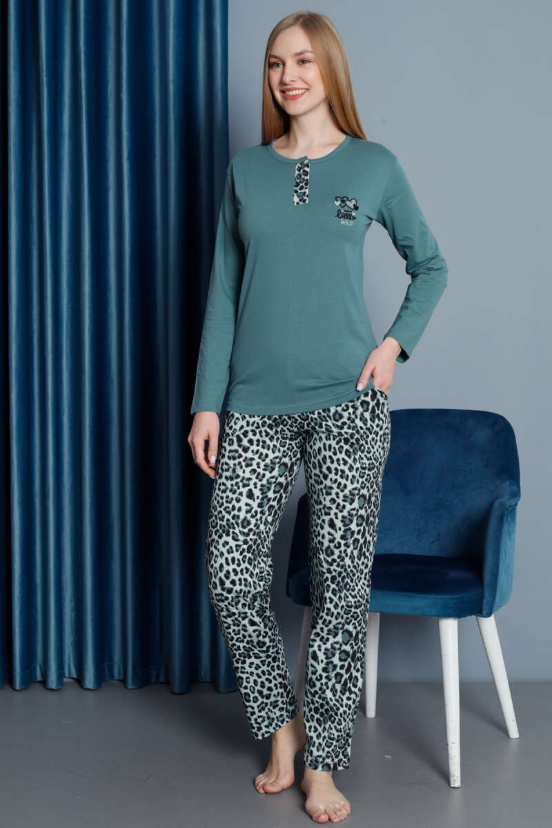 Leopard Long-Sleeve Pyjama Set - Almond Green