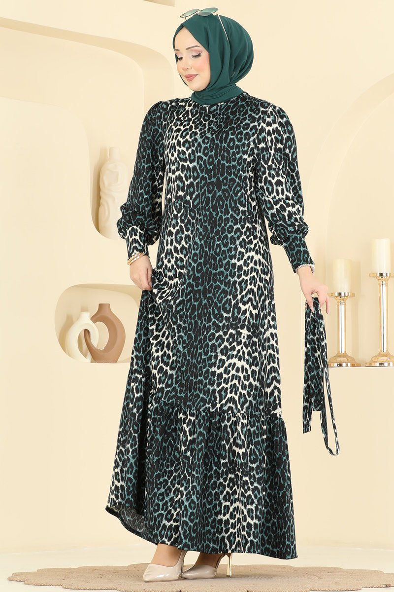 Leopard-Print Crinkle Dress - Emerald