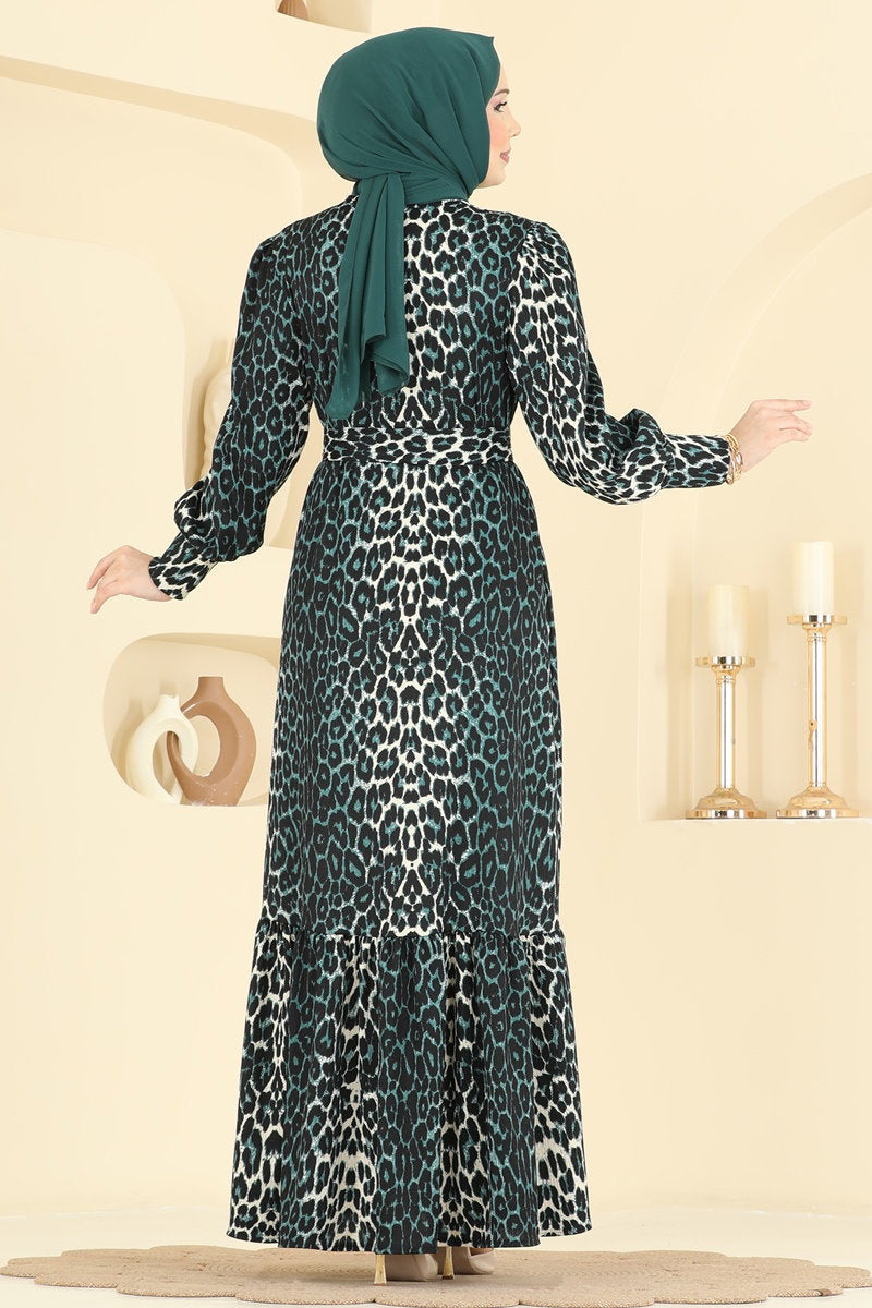 Leopard-Print Crinkle Dress - Emerald