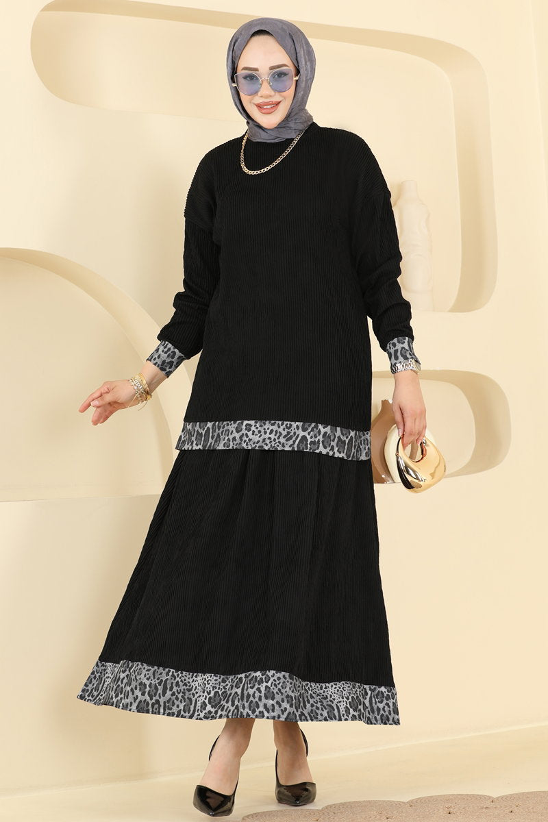 Leopard-Print Knit Skirt Set - Grey-Black