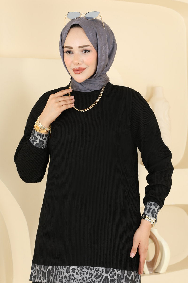 Leopard-Print Knit Skirt Set - Grey-Black
