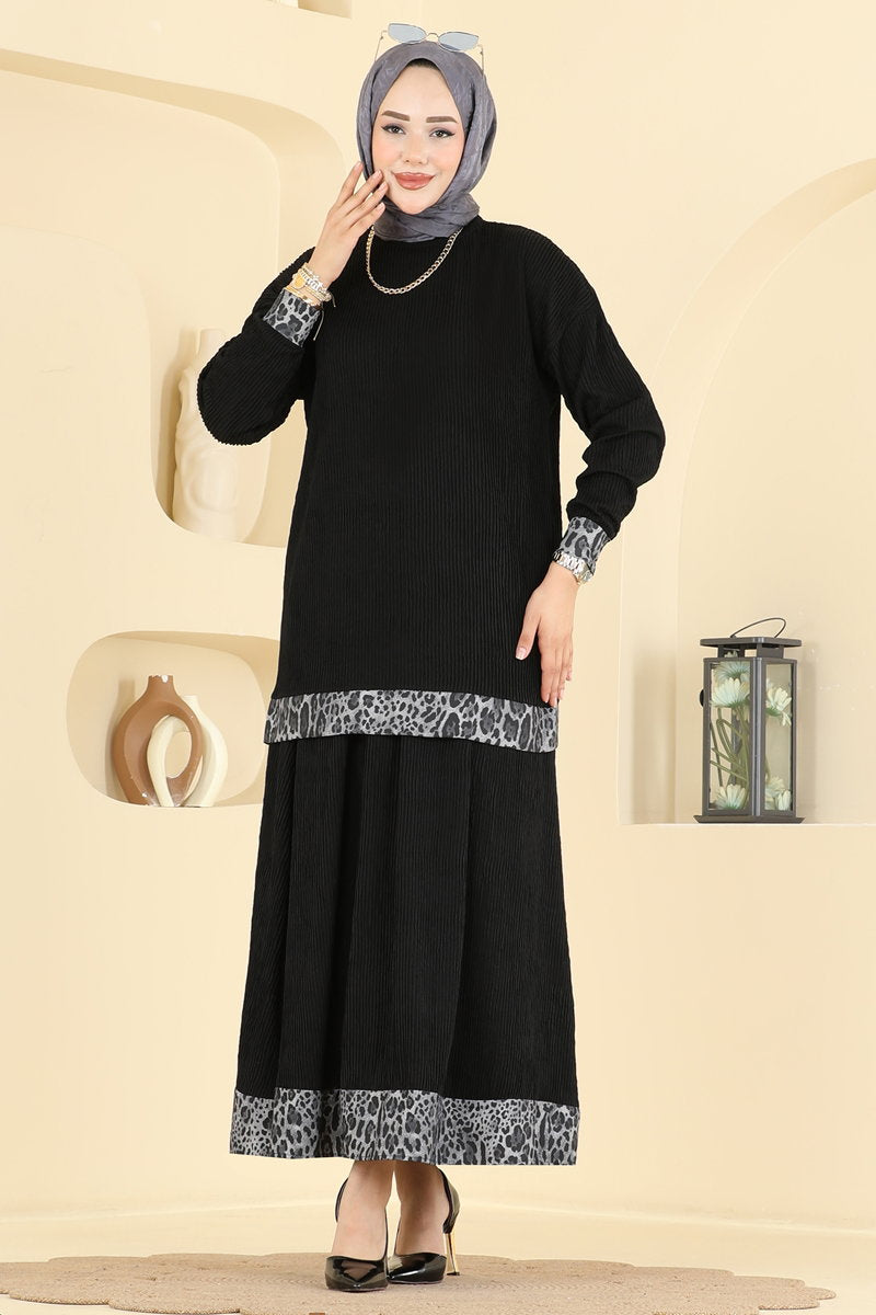 Leopard-Print Knit Skirt Set - Grey-Black
