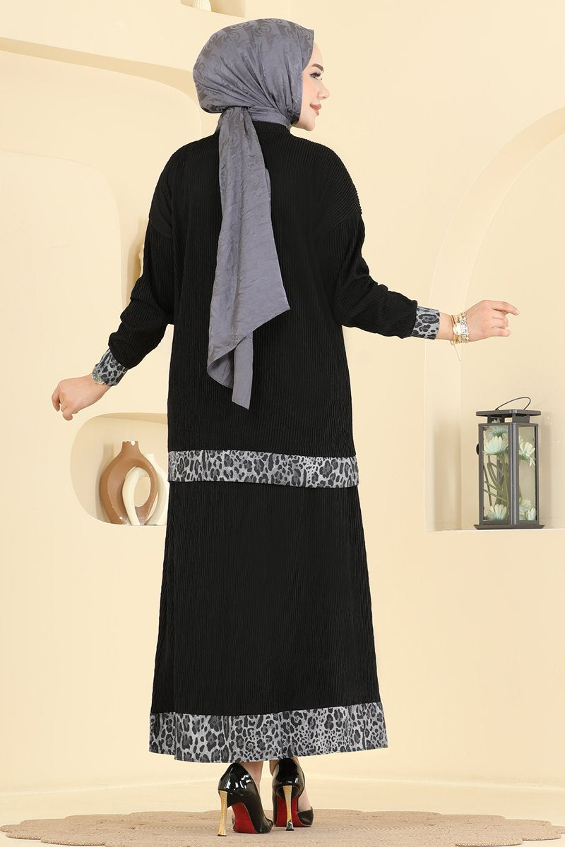 Leopard-Print Knit Skirt Set - Grey-Black
