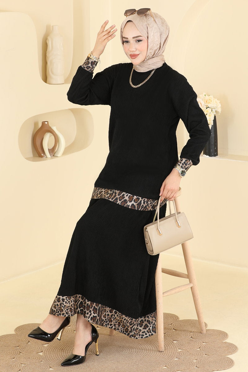 Leopard-Print Knit Skirt Set - Black