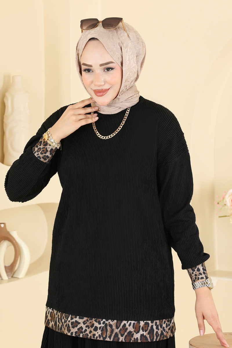 Leopard-Print Knit Skirt Set - Black