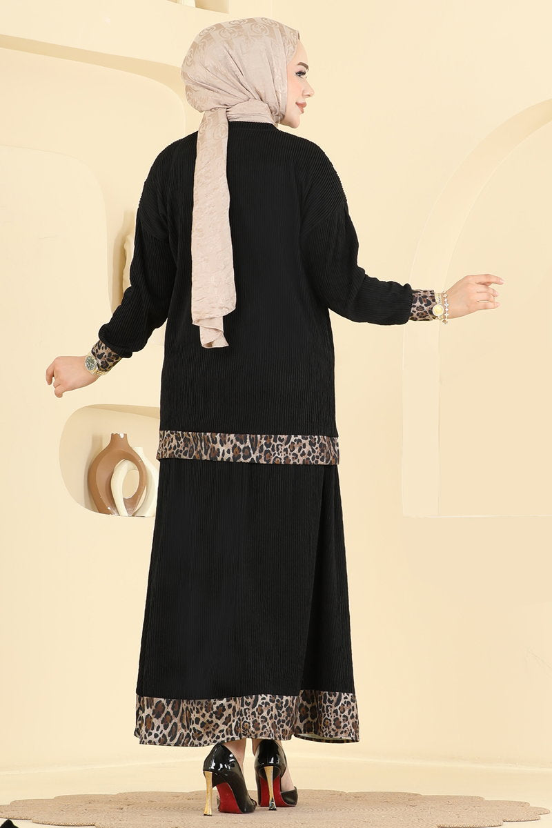 Leopard-Print Knit Skirt Set - Black