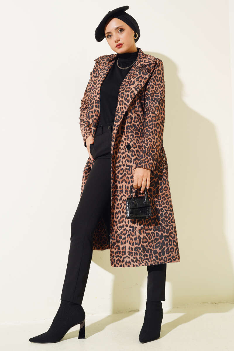 Belted Leopard Trench Coat - Camel