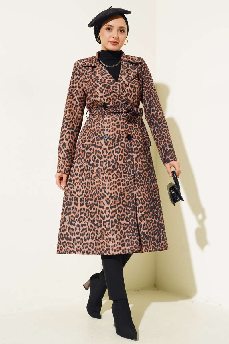 Belted Leopard Trench Coat - Camel