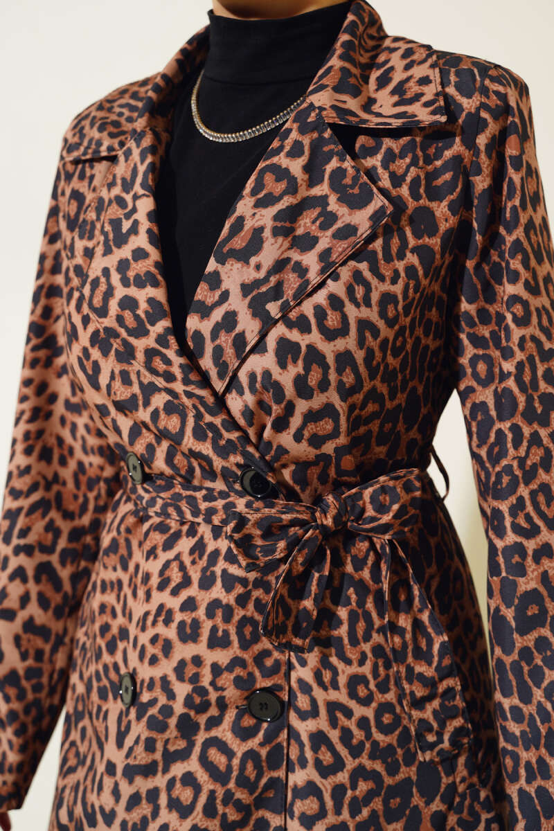 Belted Leopard Trench Coat - Camel