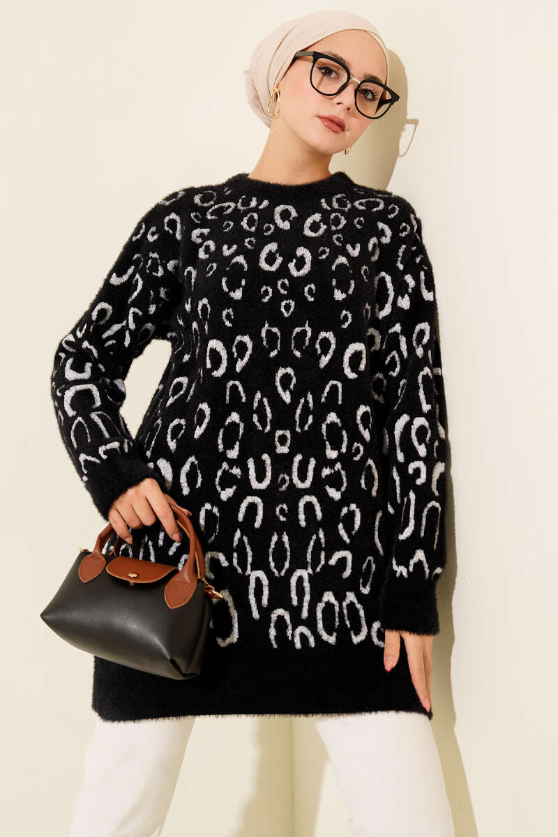 Fluffy Leopard Pattern Tunic - Black-White