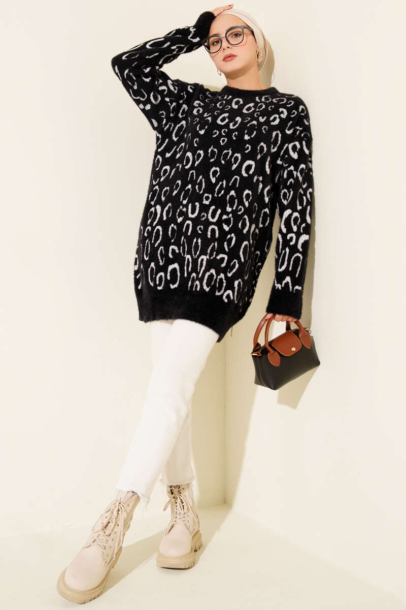 Fluffy Leopard Pattern Tunic - Black-White