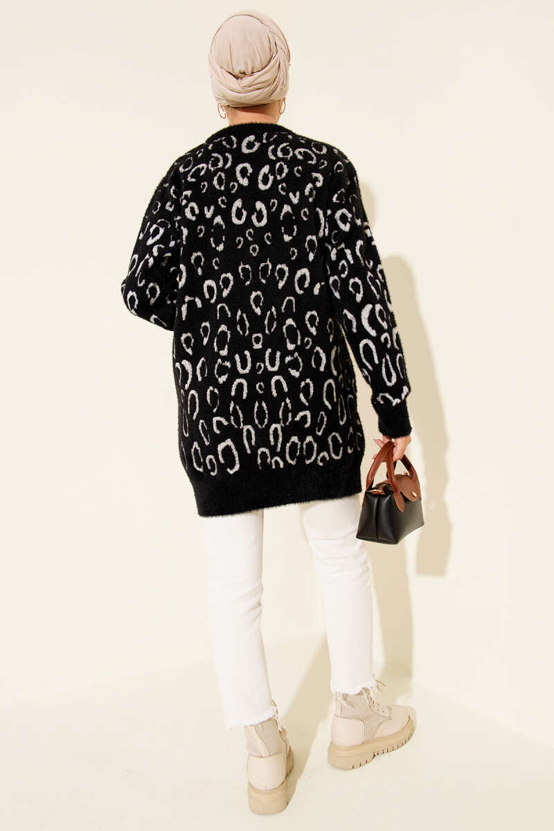 Fluffy Leopard Pattern Tunic - Black-White