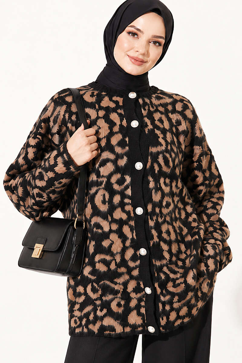 Leopard Print Brushed Knit Cardigan - Latte
