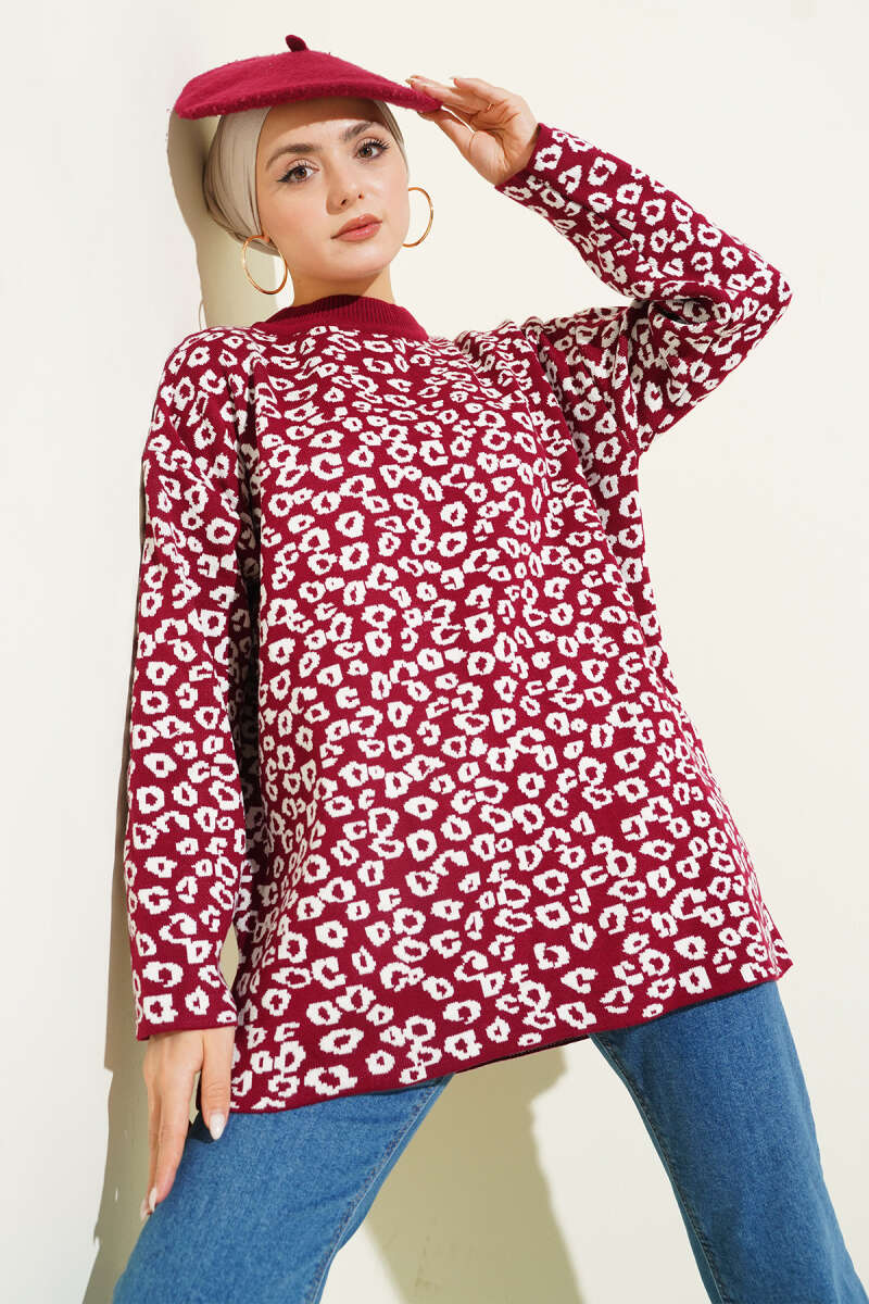 Leopard Knit Tunic - Burgundy