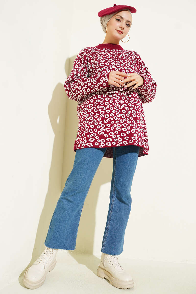 Leopard Knit Tunic - Burgundy