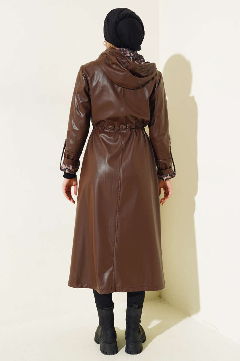 Long Hooded Faux Leather Trench Coat with Leopard Detail - Brown