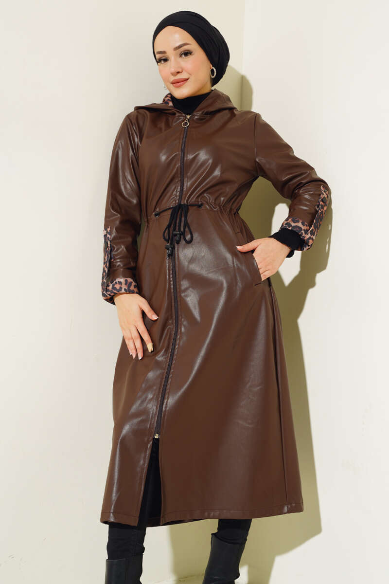 Long Hooded Faux Leather Trench Coat with Leopard Detail - Brown