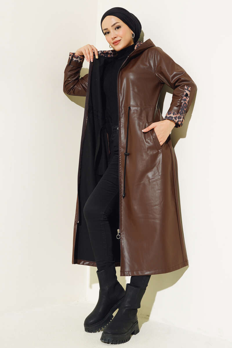 Long Hooded Faux Leather Trench Coat with Leopard Detail - Brown