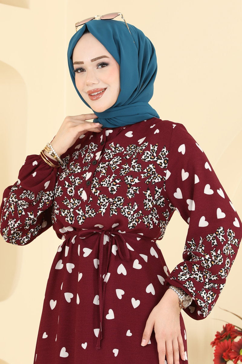 Viscose Dress with Leopard Detail - Burgundy