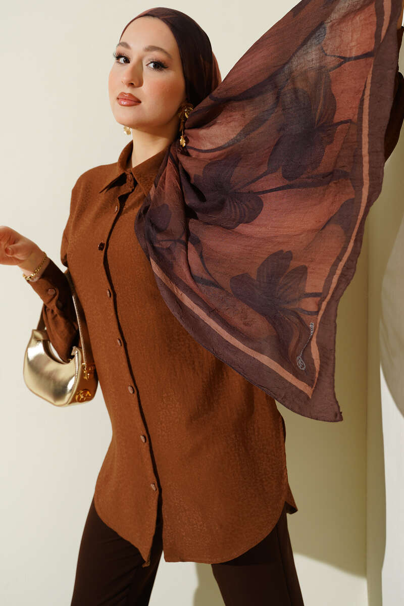 Leopard Jacquard Balloon-Sleeve Shirt - Chestnut