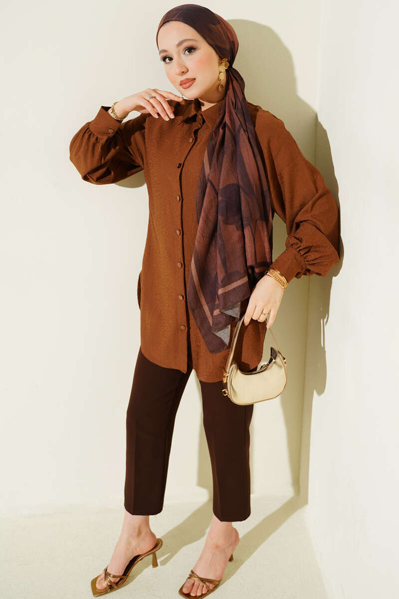 Leopard Jacquard Balloon-Sleeve Shirt - Chestnut