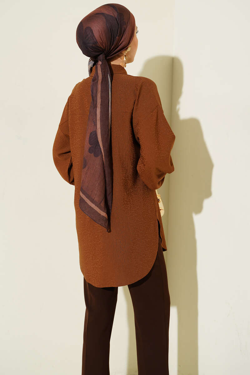 Leopard Jacquard Balloon-Sleeve Shirt - Chestnut