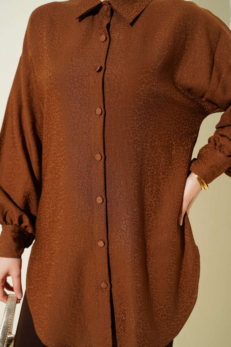 Leopard Jacquard Balloon-Sleeve Shirt - Chestnut