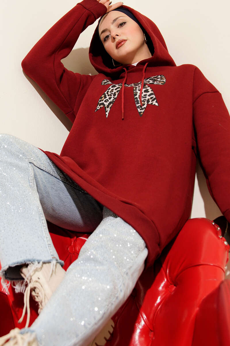 Three-Thread Sweatshirt with Leopard Ribbon Print - Burgundy