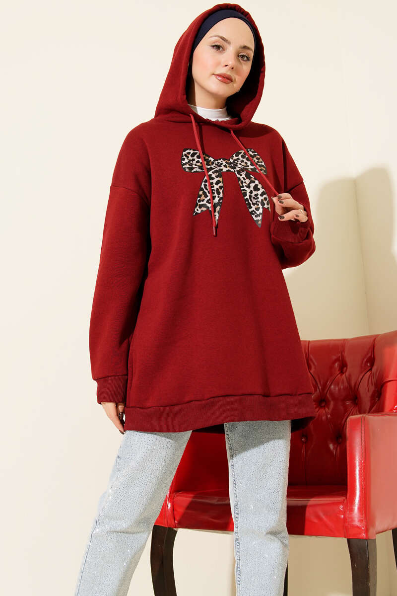 Three-Thread Sweatshirt with Leopard Ribbon Print - Burgundy