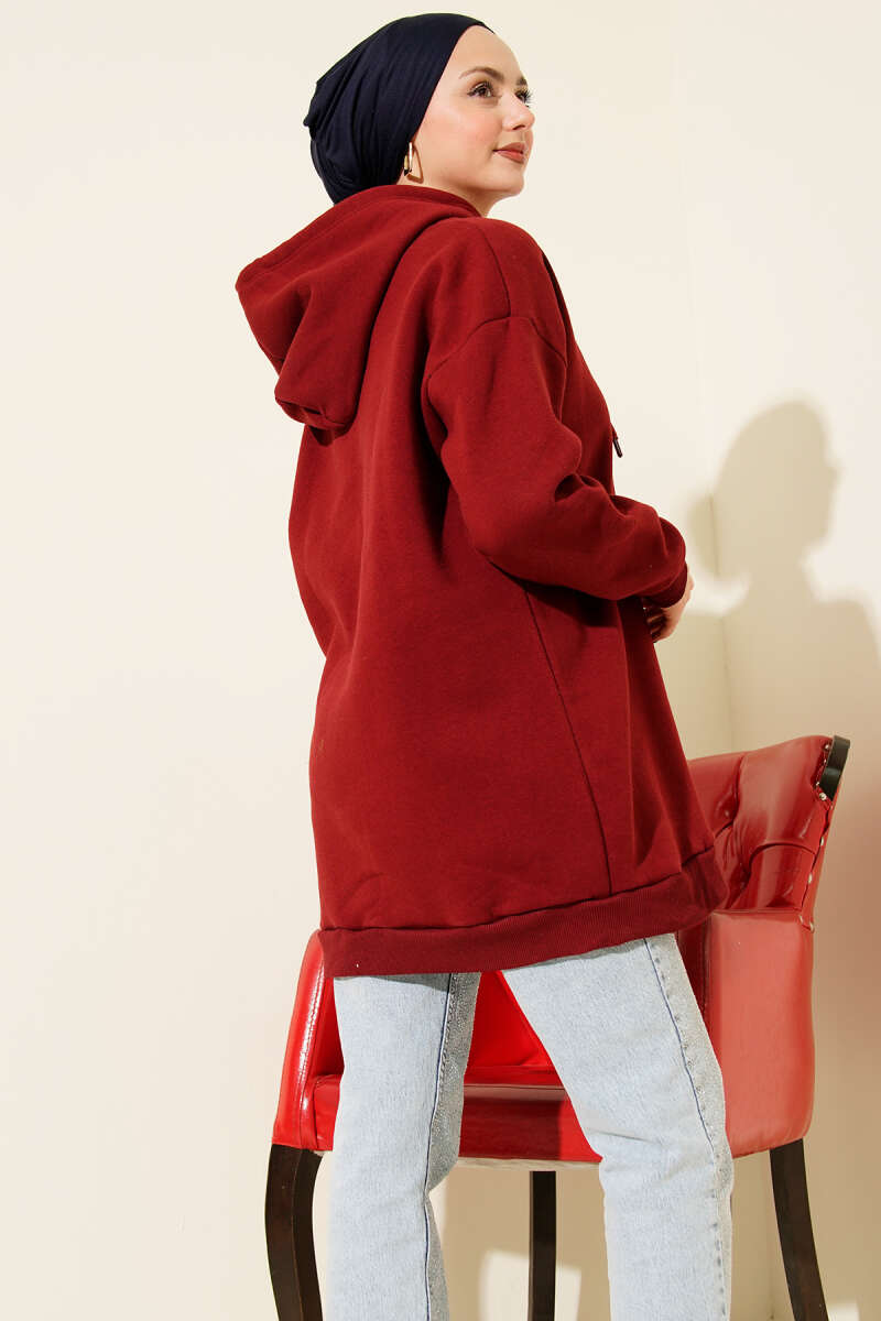 Three-Thread Sweatshirt with Leopard Ribbon Print - Burgundy