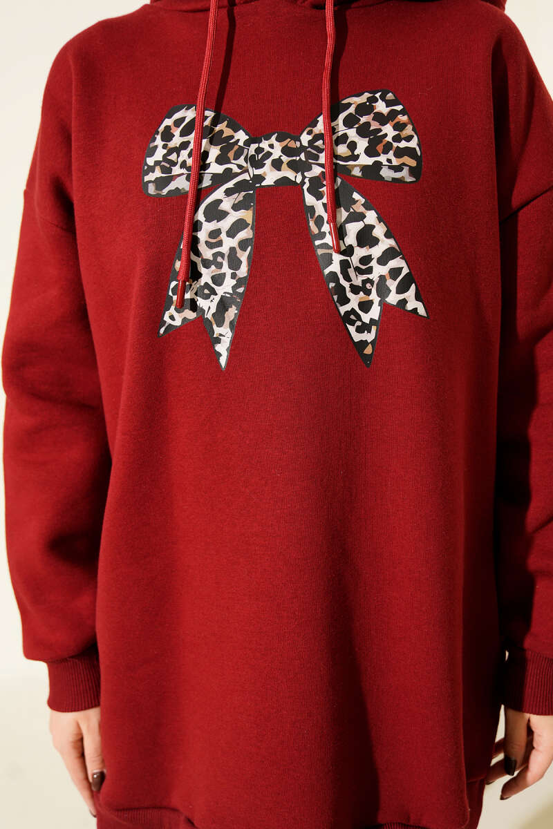 Three-Thread Sweatshirt with Leopard Ribbon Print - Burgundy
