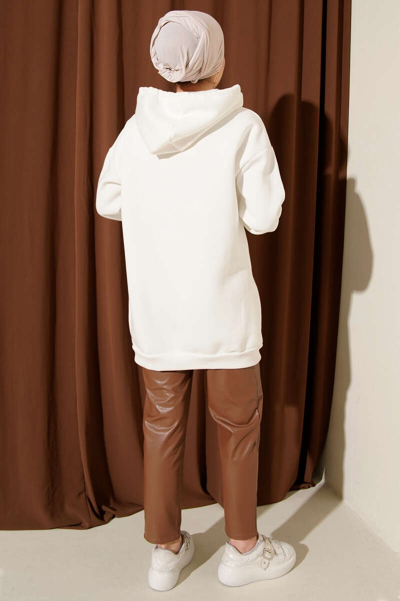 Three-Thread Sweatshirt with Leopard Ribbon Print - Ecru