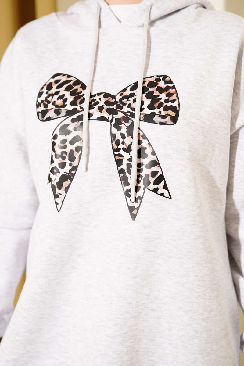 Three-Thread Sweatshirt with Leopard Ribbon Print - Grey