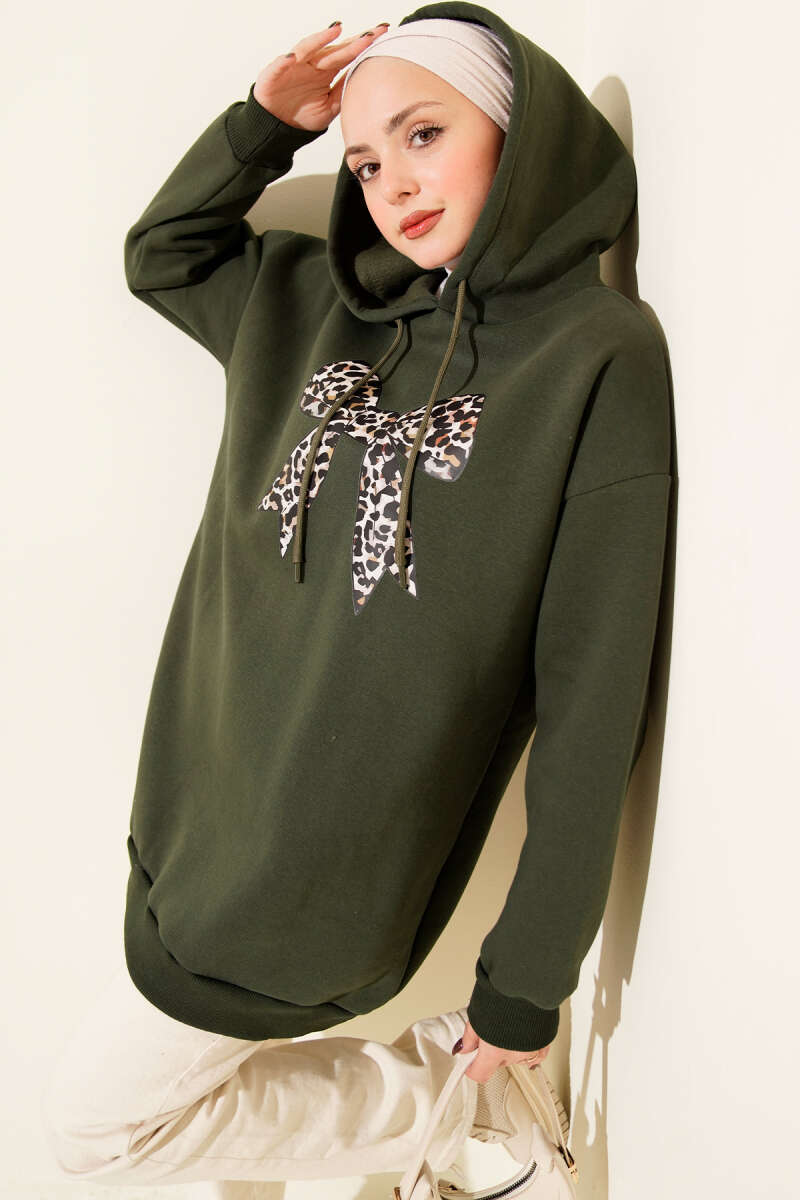 Three-Thread Sweatshirt with Leopard Ribbon Print - Khaki