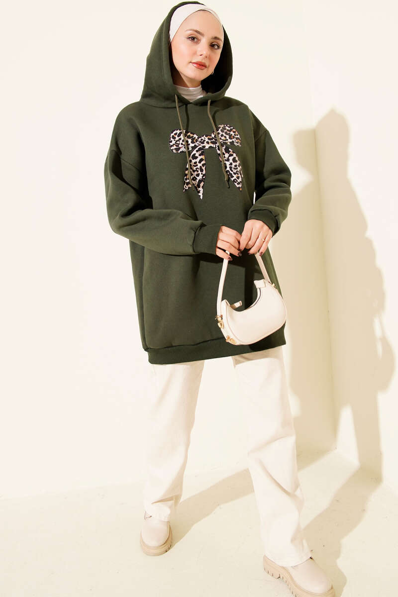 Three-Thread Sweatshirt with Leopard Ribbon Print - Khaki