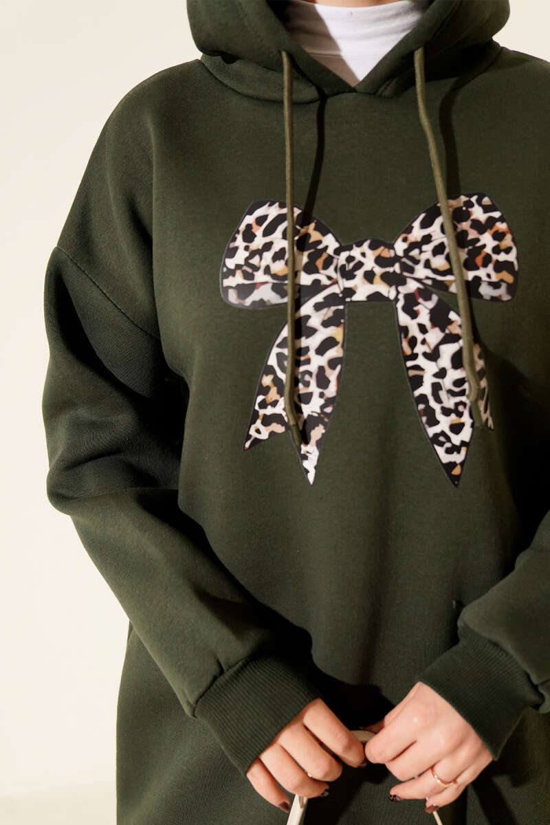 Three-Thread Sweatshirt with Leopard Ribbon Print - Khaki