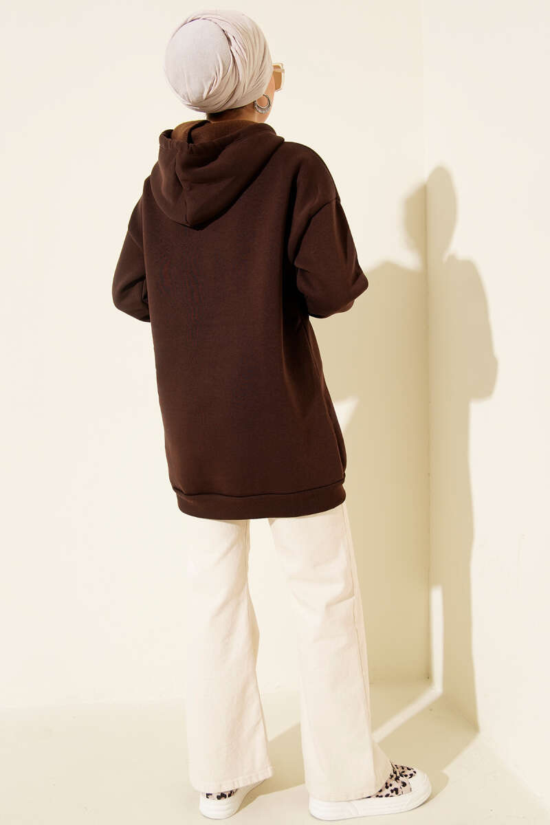 Three-Thread Sweatshirt with Leopard Ribbon Print - Brown