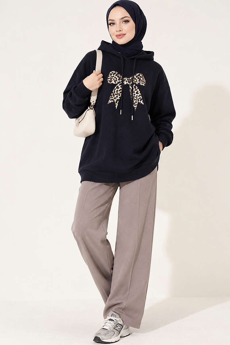Three-Thread Sweatshirt with Leopard Ribbon Print - Navy