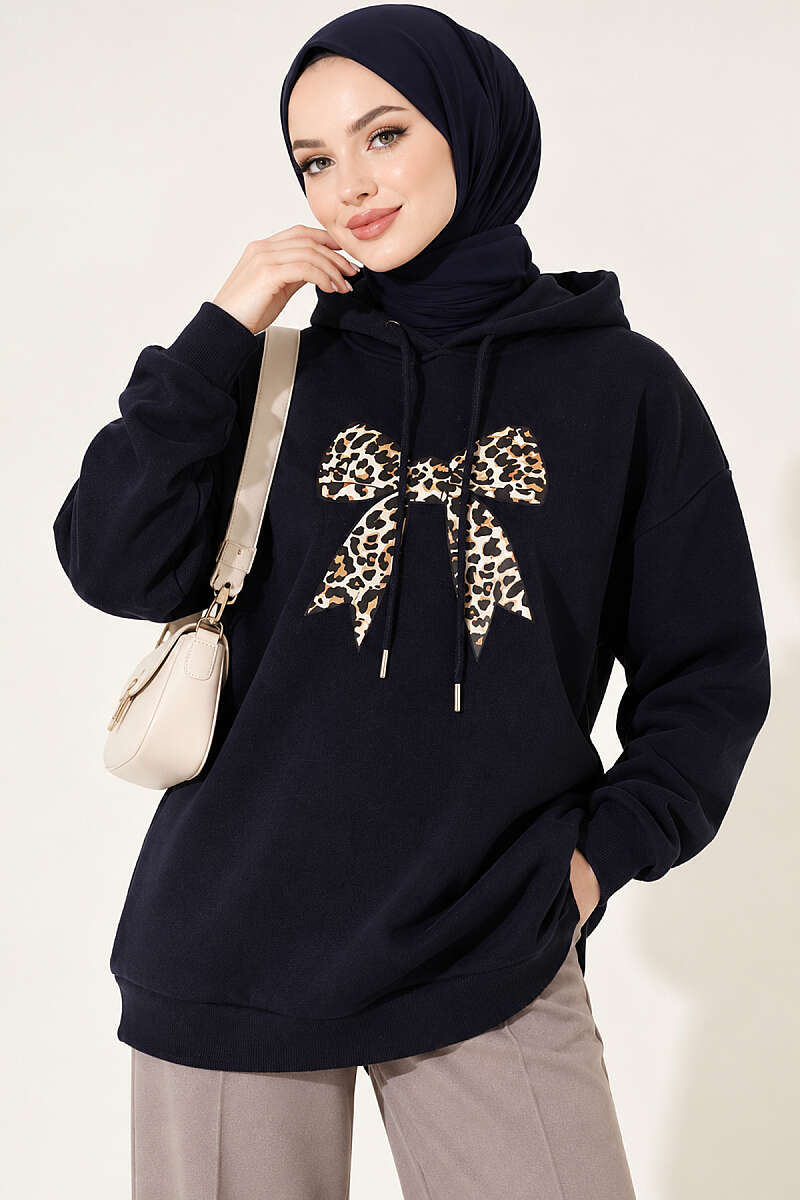 Three-Thread Sweatshirt with Leopard Ribbon Print - Navy