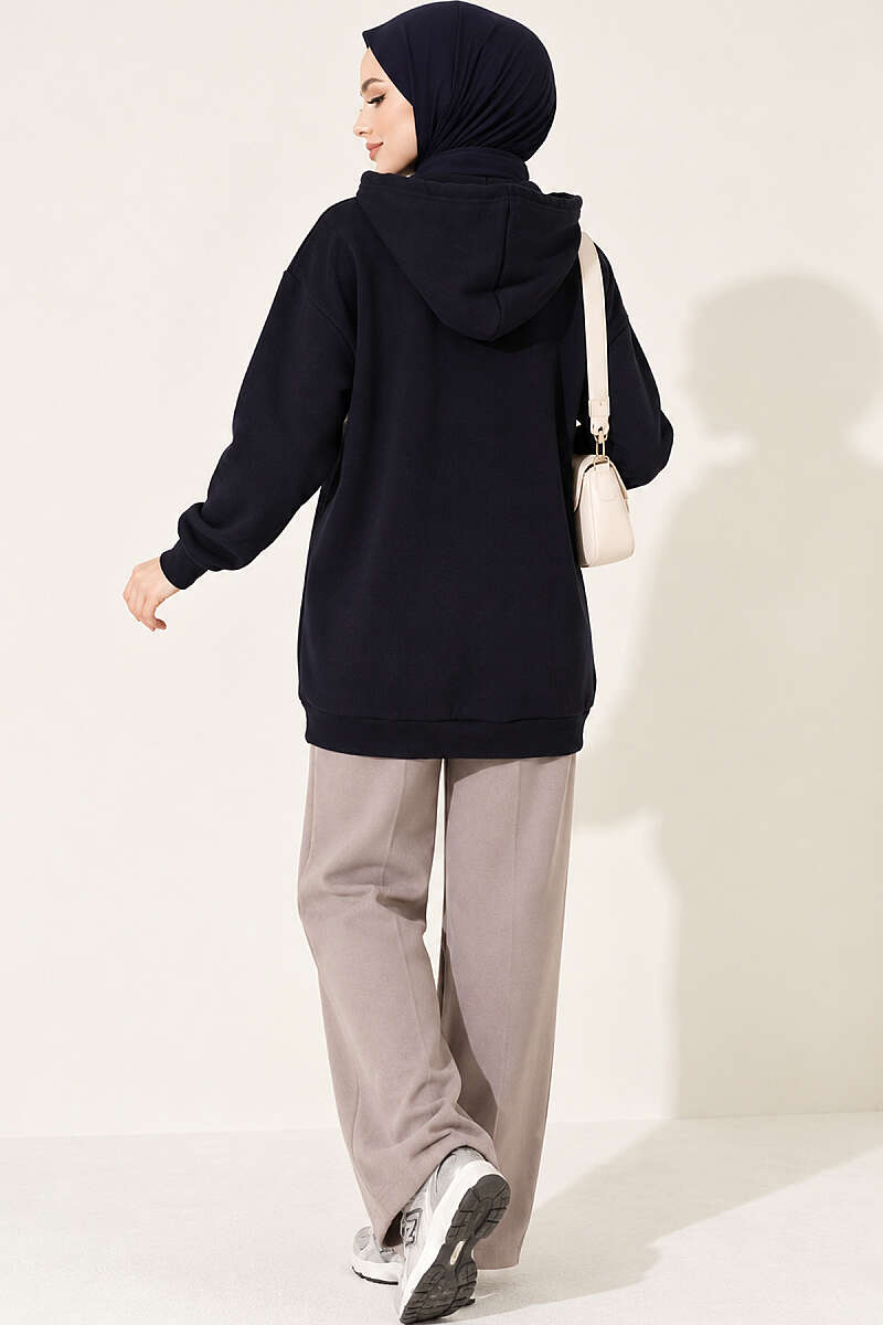 Three-Thread Sweatshirt with Leopard Ribbon Print - Navy