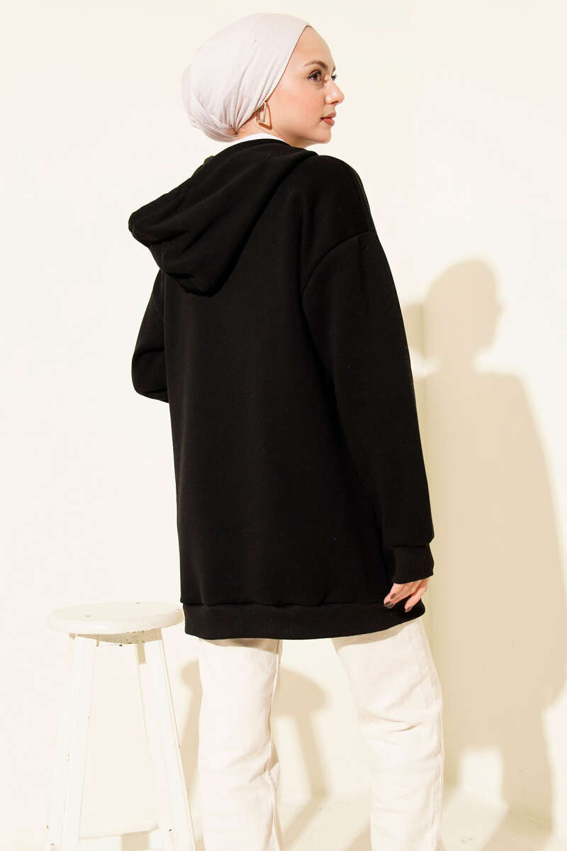Three-Thread Sweatshirt with Leopard Ribbon Print - Black