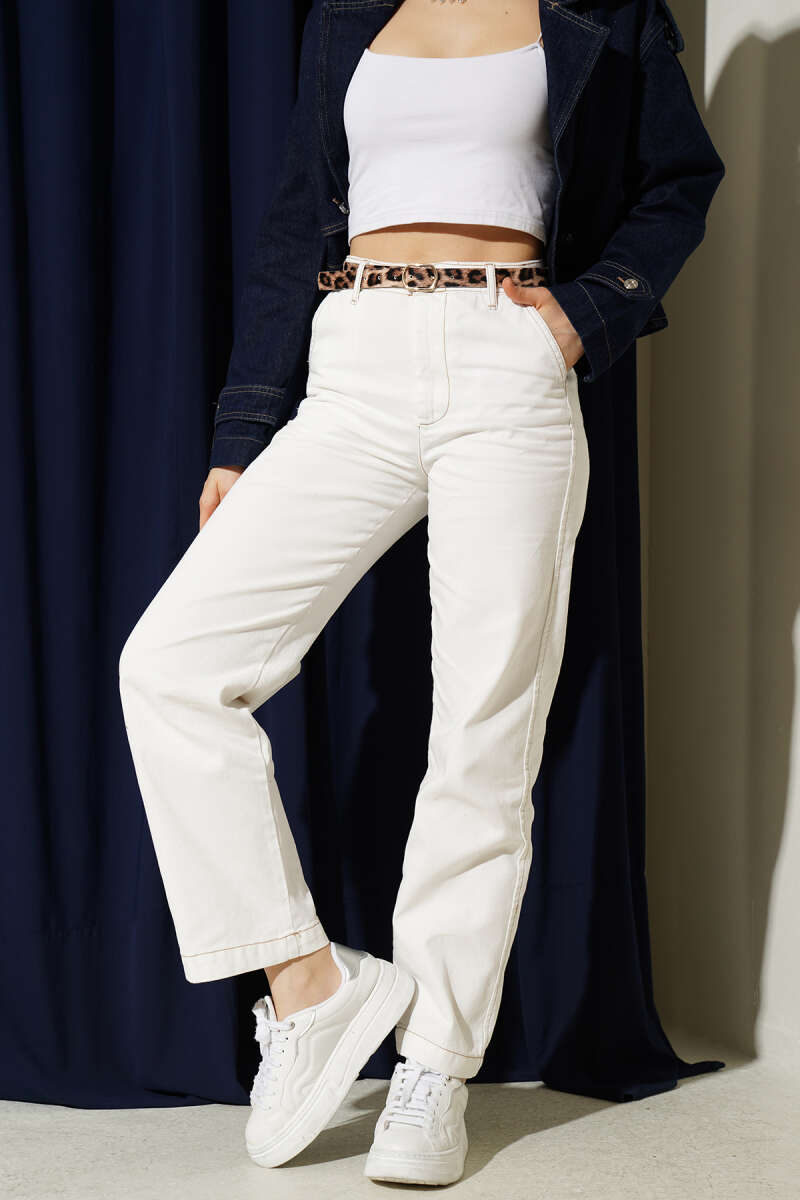 Jeans with Leopard Belt - Ecru