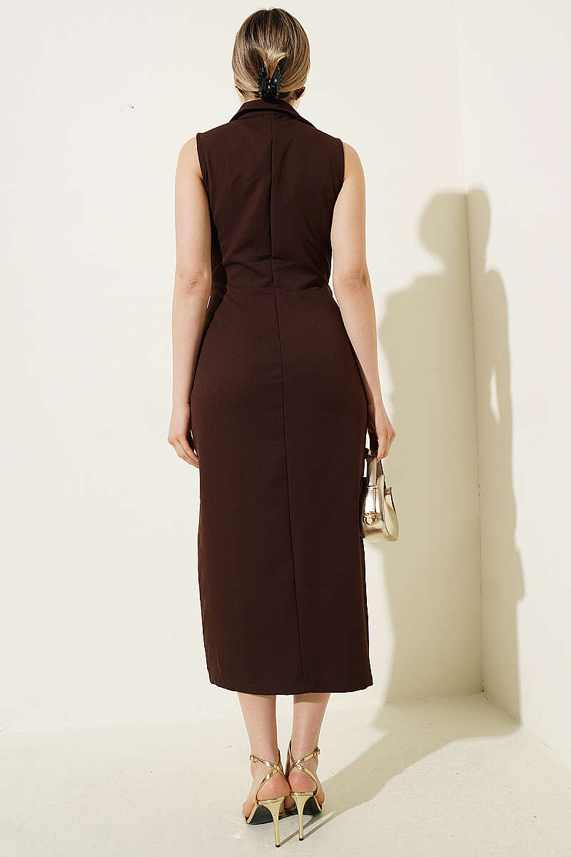 Sleeveless Midi Dress with Button Look - Brown